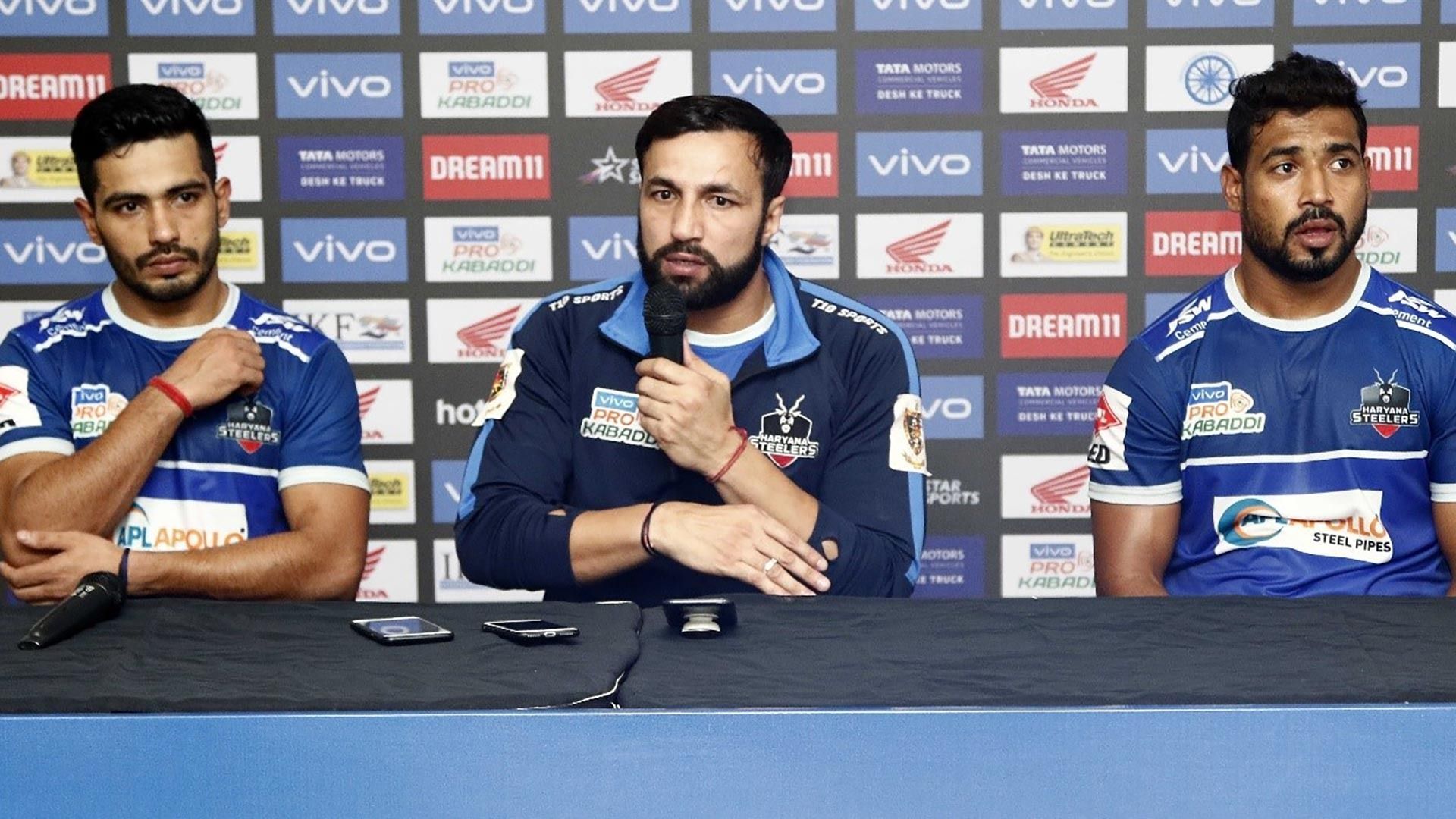 Haryana Steelers coach &amp; players during a press conference - Image Courtesy: PKL