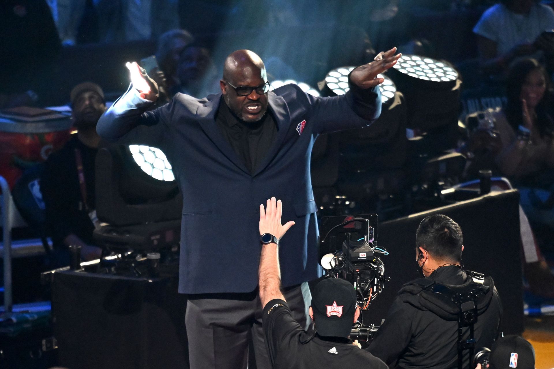 Shaquille O&#039;Neal reacts after being introduced as part of the NBA 75th Anniversary Team.