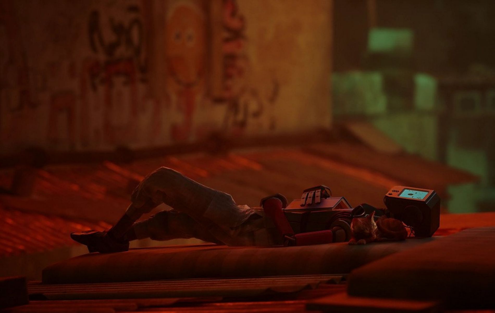 Players explore a futuristic city as a cat in Stray (Image via PlayStation)