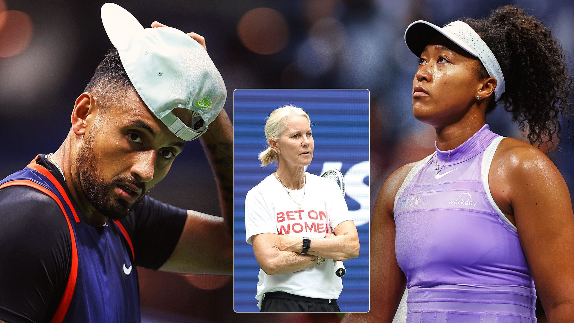 Nick Kyrgios (L), Rennae Stubbs (inset) and Naomi Osaka (R)