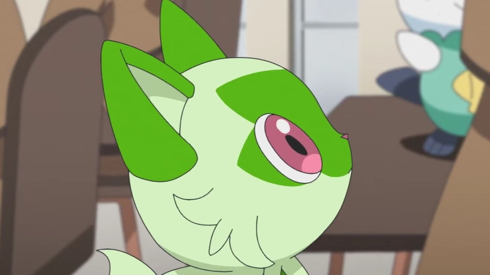 The new cat-like Grass-type starter Sprigatito in the Pokemon: Scarlet and Violet anime (Image via OLM Studios)