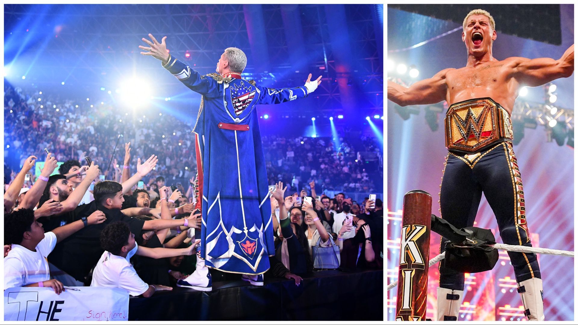WWE Champion Cody Rhodes celebrates at King and Queen of the Ring
