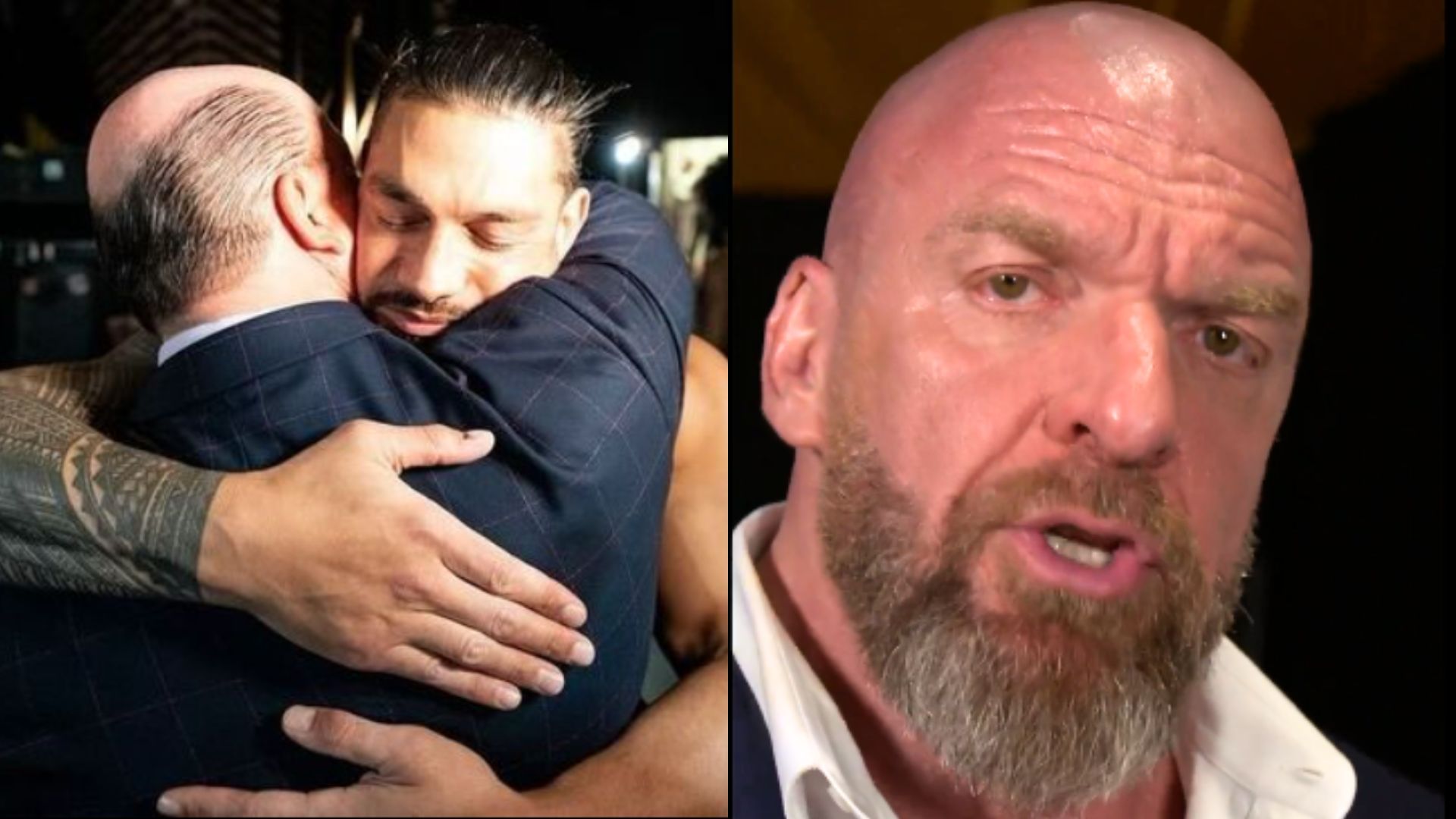 Paul Heyman, Roman Reigns, and Triple H.