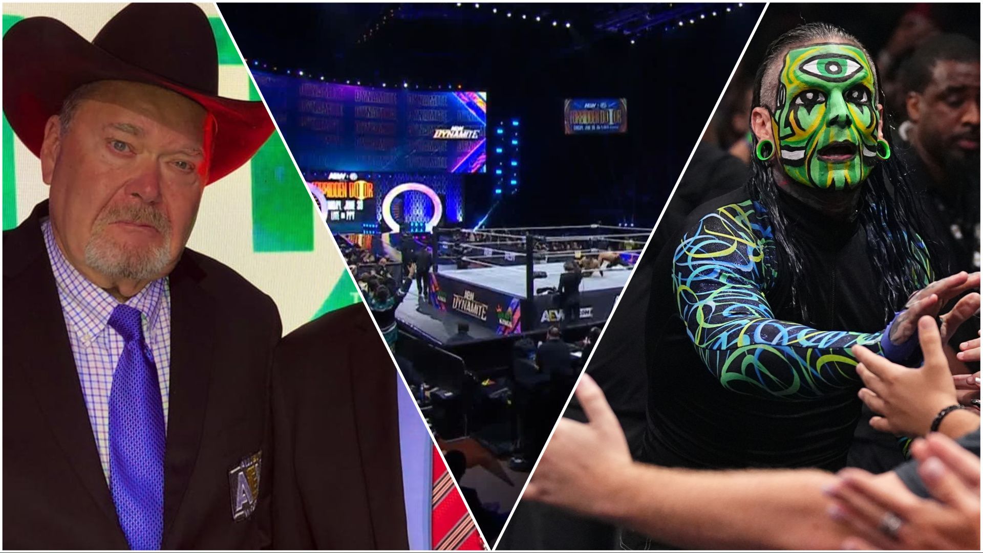 Jim Ross at a speaking event, AEW fans watch a live Dynamite, Jeff Hardy on AEW Rampage