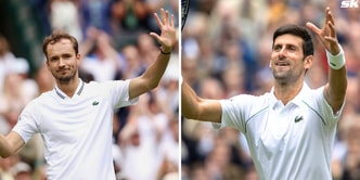 WATCH: Novak Djokovic jokes about Daniil Medvedev 'testing' his knee after losing thrilling rally during exhibition match ahead of Wimbledon 2024
