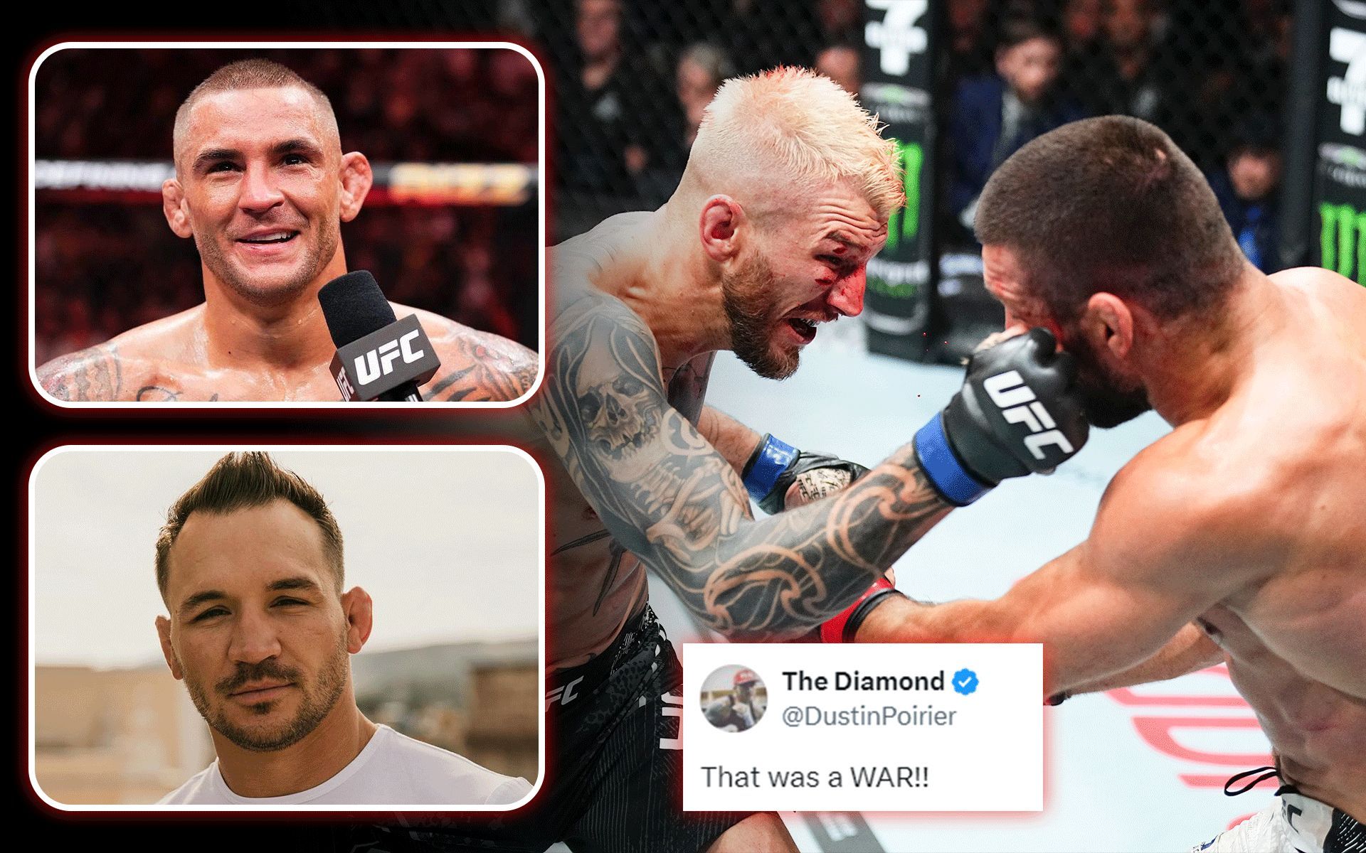 Dustin Poirier (top inset), Michael Chandler (bottom inset), and others react to Dan Hooker