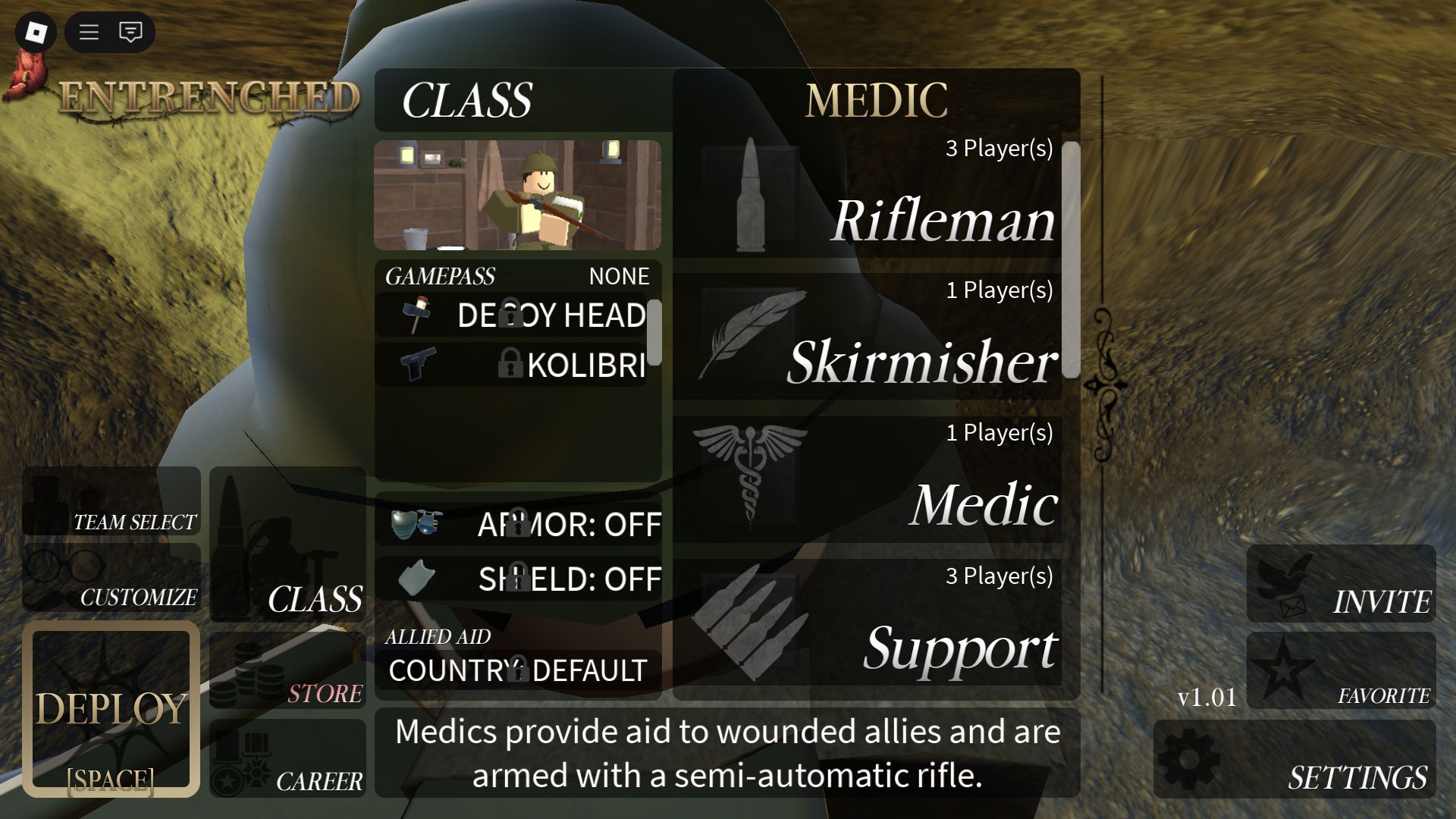 In-game Class selection (Image via Roblox)