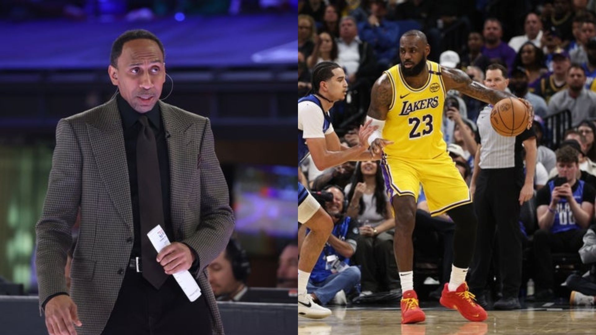 Stephen A. Smith looks on during the All Star Celebrity Game at Lucas Oil Stadium, LA Lakers guard LeBron James during an NBA game. Photo Credit: Imagn