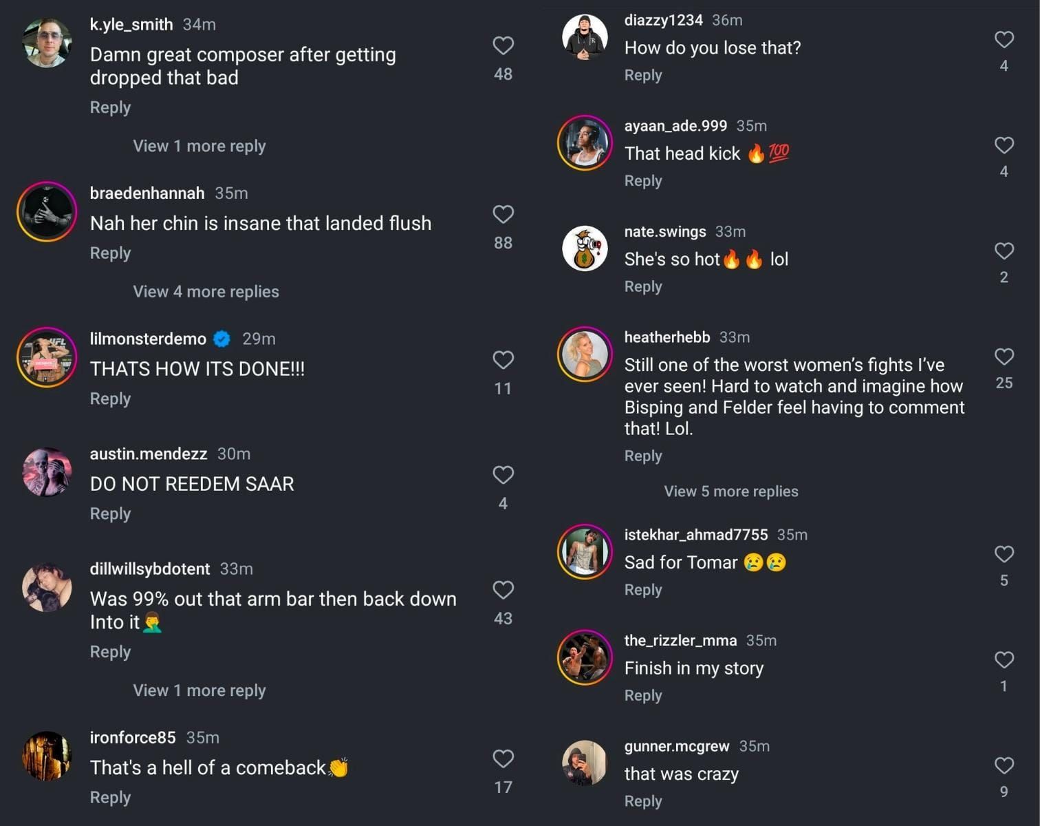 Fans react to Shauna Bannon&#039;s submission victory over Puja Tomar. [Screenshots courtesy: @mmajunkie on Instagram]